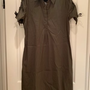 Chicos, olive green dress, rouched sleeve, collared split neck.  Size large,